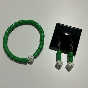 Green Dice Polymer Clay Bracelet and Earring Set, Stretchy